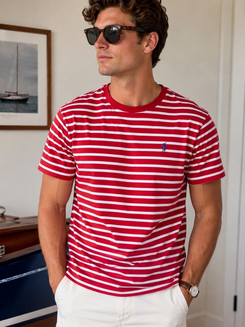 Polo by Ralph Lauren Red & White Striped Short Sleeve Crew Tee (Unisex)